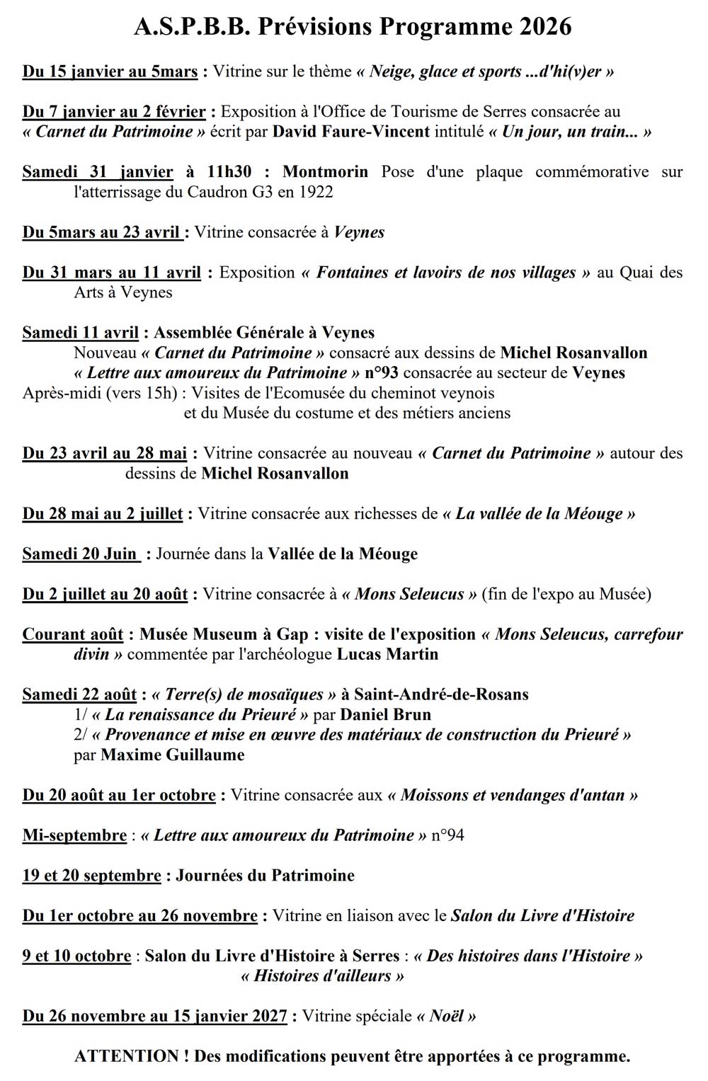Programme de l'année 2026